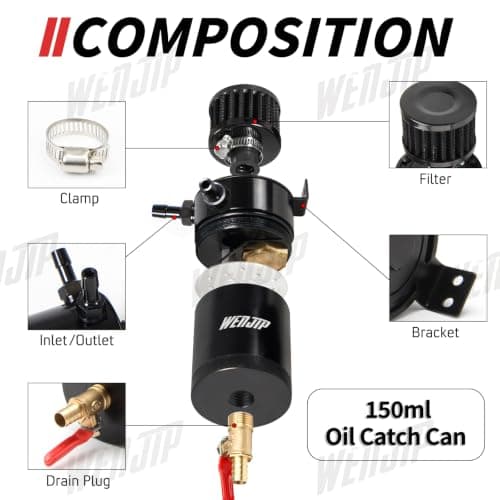 WENJTP Oil Catch Can Kit with 4 Adapters + Breather Filter Drain Valve Plug 2 Ports (1 oulet + 1 inlet) 150ml Universal Aluminum Baffled Oil Reservoir Tank Oil Separator HTRACING (Red) — view 4