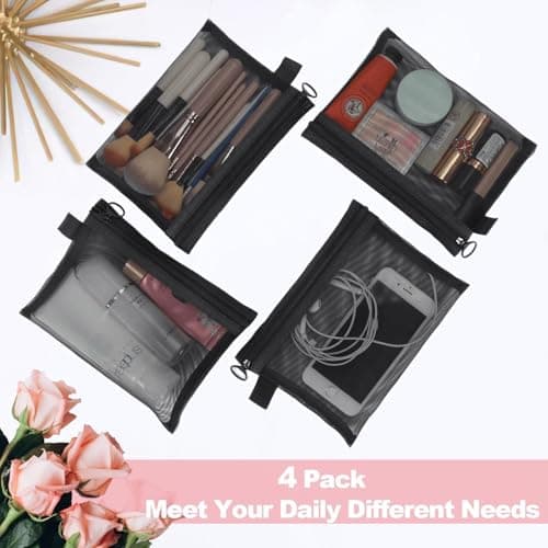 4 Pcs Black Small Makeup Bag for Handbag, Nylon Mesh Cosmetic Pouch with Zipper, Travel Pouch, Bag Organiser Pouches for Women Home, Travel & Everyday Use — view 3