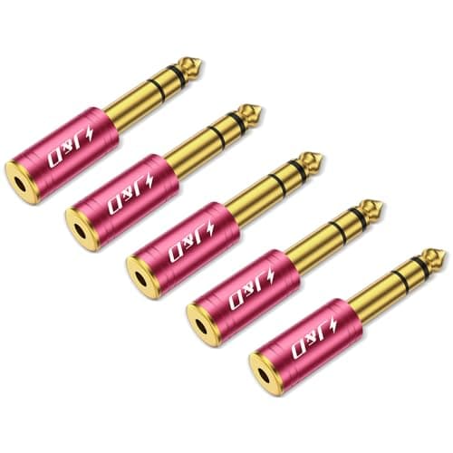 J&D 5-Pack 1/4 to 1/8 Headphone Adapter, 6.35 mm to 3.5 mm Stereo TRS Male to Female, Gold-Plated 3.5mm Plug Jack Connector for Guitar, Amp, Keyboard, Bass, Red