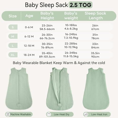 Unnivoll Baby Sleeping Bag 2.5 Tog 0-6 Months 100% Cotton Winter Sleeping Bag Baby 2-Way Zipper Quilted Sleep Sack for Newbron Infant Warm Soft Green — view 5