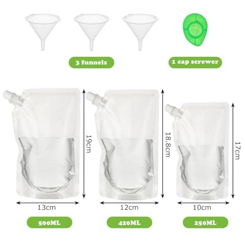 ASelected 24Pcs Drink Pouches for Festivals, Plastic Reusable Hip Flask with Spout Leak Proof Alcohol Juice Liquid Pouches Bags Clear Travel Pouch with Funnel (500 ML, 420 ML, 250 ML) — view 2
