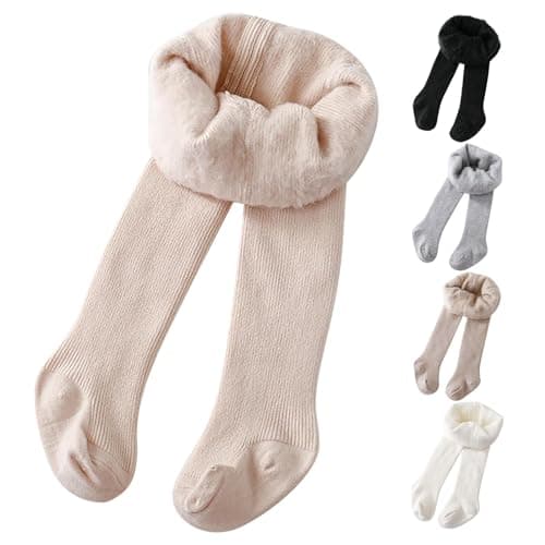 Kids Fleece Thermal Tights Baby Girls Plain Cotton Leggings with Feet Autumn Winter Thick Warm Ribbed Knitted Trousers Soft Comfort Stretchy Yoga Dance Pants (Black, 1-3 Years)