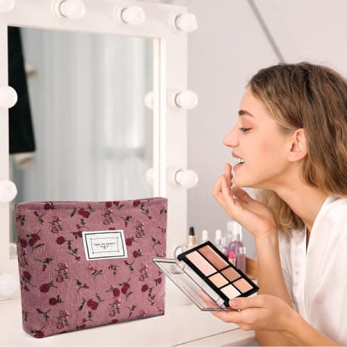 Aucuu Cosmetic Bags for Women, Small Floral Canvas Cosmetic Bag, Rose Flower Printing Corduroy Toiletry Bag, Multifunctional Travel Makeup Bag with Metal Zipper for Women Girls Gift - Red Rose — view 6
