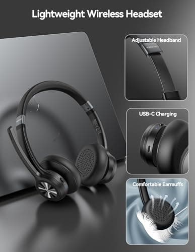 TECKNET Bluetooth Headset Wireless Headset with Microphone Noise Canceling, 50H Playtime & Mute, Wireless Headphones with Mic Bluetooth 5.2 On-Ear Headphones for Trucker Cellphone Office Call Center — view 2