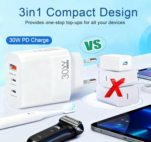 EU plug travel adapter charger, European wall adapter with 2 USB-C fast charging ports and 1 USB-A port, European universal fast charger compatible with iPhone and Samsung — view 3