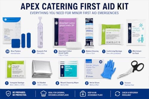APEX Catering First Aid Kit – Kitchen & Workplace First Aid Kit with Blue Plasters, Eyewash, Ice Pack, Dressings, Bandages, Gloves & Foil Blanket – Portable Hard Case — view 2