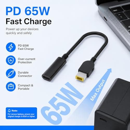 USB C to Lenovo Slim Tip Laptop Charger Adapter Cable, 65W PD Type C Female to Yellow Rectangle Male Connector Converter for ThinkPad IdeaPad Yoga, Laptop Power Charging Replacement Cord — view 5