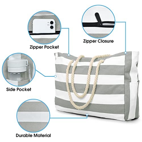 oscaurt Large Beach Bag Waterproof Beach Tote with Zip and Rope Handle Summer Holiday Essentials Travel Bag Shopping Shoulder Handbags for Pool Gym Picnic — view 4
