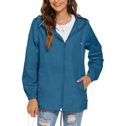 Waterproof Jacket Womens Packaway Rain Coat with Zip Pocket Outdoor Lightweight Softshell Sport Jacket Windproof Windbreak Hiking Jackets Casual Hooded Raincoats Rainproof Coats — view 4
