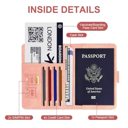 OFFCUP Passport Holder Cover, PU Leather Passport Cover and Luggage Tag Set with RFID Blocking Travel Wallet, Universal Travel Wallet Case Organiser for Money, Boarding Passes, Credit Cards Pink — view 4
