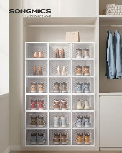 SONGMICS Shoe Boxes, Pack of 18 Stackable Shoe Storage Organisers, Foldable and Versatile for Sneakers, Fit up to UK Size 12, Cloud White LSP18MWT — view 2