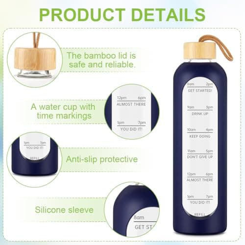 AOOWU Glass Water Bottle with Time Marker, 1000ml Leak-proof Sports Glass Water Bottle with Bamboo Lid, Sports Drinking Bottle, Reusable Silicone Case Glass Drinking Bottle, Motivational Water Bottle — view 3