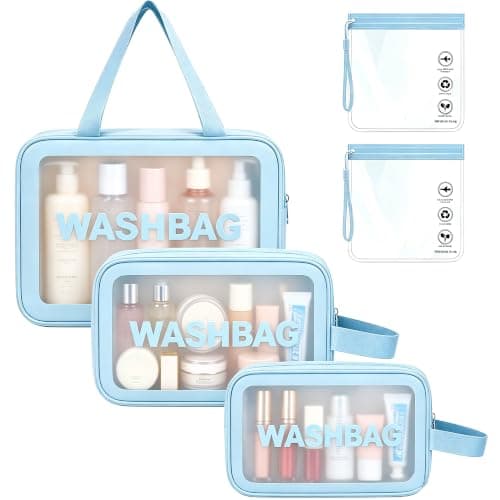 WUBAYI 5Pcs Clear Toiletry Bag, Waterproof PU Makeup Bag with Zipper Handle, Portable Airport Cosmetic Bag for Women & Men, Travel Accessories Wash Bag for Travelling & Holiday (5 Packs Blue)