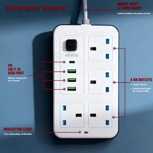 Maqash extension lead with usb slots 2500W -2m long cable - copper clips - 13A 220V - multi usb plug Cord UK - power strip with USB Socket, 8 in 1 mobile charging USB C PD 5V/2.1A — view 6
