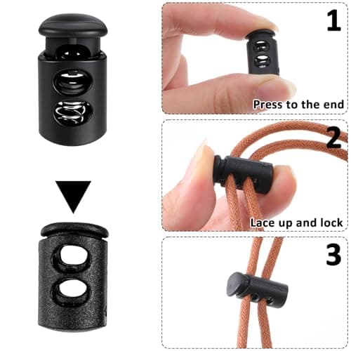 Apausvcm 10Pcs Shoe Lace Tie Locks, Plastic Cord Locks Double Hole Drawstring Stopper Fastener Black Spring Cord Lock for Shoelaces Drawstrings Paracord Clothing Bags Sweatpants Hats (Thin) — view 3