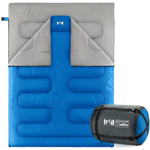 Trail Double Sleeping Bag For Adults, Envelope 2 Season Summer Spring Autumn 250gsm, Outdoor Camping, Lightweight Carry Bag, Storage Pockets, 200cm x 150cm