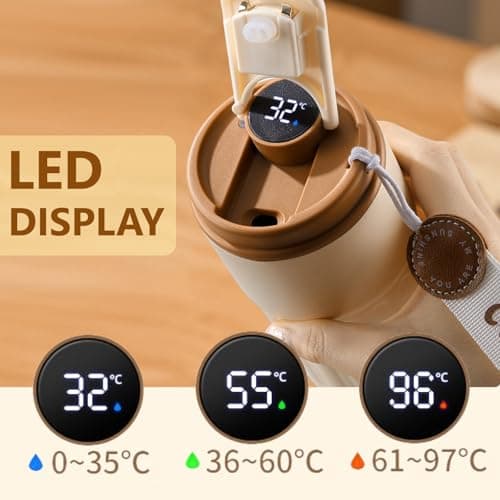 AMFUN 420ML Coffee Cup Travel Mugs,Water Bottle Flask with Temperature Display,316 Stainless Steel Leakproof Coffee Mug with Lids,Smart Mug Travel Mugs for Hot Drinks,Home School Office Travel (Brown) — view 2
