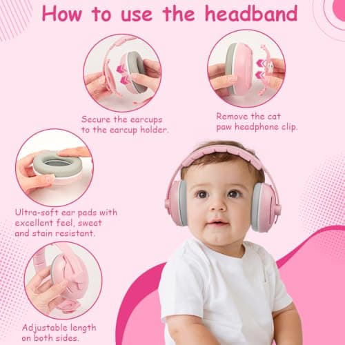 Adiwo 2-in-1 Baby Ear Defender, Non-Slip Baby Headphones, Noise Canceling Headphone & Headband for Babies, Ultra-Soft and Adjustable to 0-48 Months, Hearing Protection for Sleep Travel, Pink — view 4
