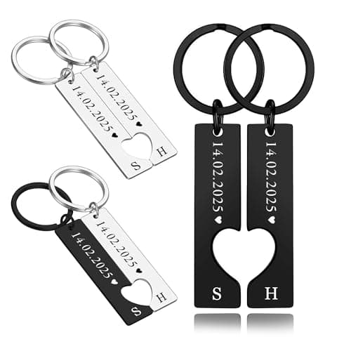 EDSG Personalised Keyring Custom Heart Keyring Set, 2Pcs Couple Keyrings, Valentines Gifts for Him Her Boyfriend Girlfriend, Matching Keychains, Engagement Gifts for Couples (Black+Silver) — view 3