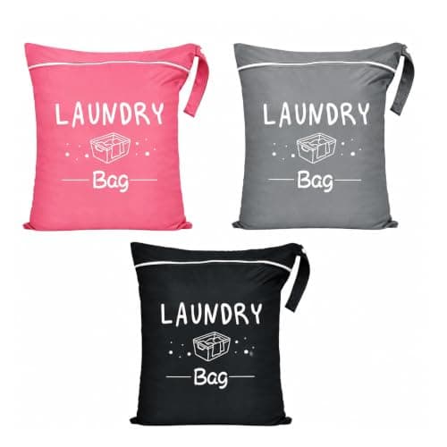 3 PCS Travel Laundry Bag Set, Splash Proof Dirty Clothes Organizer with Zipper and Handle, Portable Laundry Bags for Travelling, Luggage Organizer Bags for Gym & Holiday, 38x48 cm (Pink, Black, Grey)