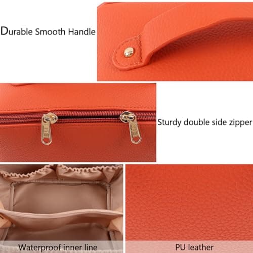 MAMUNU Large Capacity Cosmetic Travel Makeup Storage Bag with Handle Portable Zipper Cosmetic Toiletry Makeup Bag Large with Compartments for Women Girls (Orange) — view 5