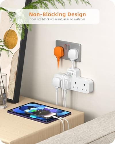 Multi Plug Extension Socket with 4 USB (2 Type C), ANVODE 4 Way Plug Adaptor with Short Cable, Adapter Plug UK Turn 1 to 8, Short Extension Lead Power Strip for Bedroom, Office, Kitchen. White — view 5