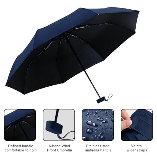 Navy Blue Mini Folding Umbrella, Lightweight Compact Pocket Umbrella, UPF50+ UV Sun & Rain Protection, 6 Rib Sturdy Windproof Waterproof Travel Umbrella with Case, Small Umbrella for Men and Women — view 4