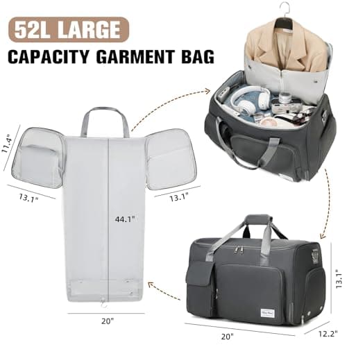 ACESAK Garment Bags for Travel, 2 in 1 Convertible Carry On Duffle Bag Suit Bags Foldable Backpacks with Shoe Compartment & Toiletry Bag, Hanging Bags for Clothes Dress Suit for Men Women Gift, Grey — view 2