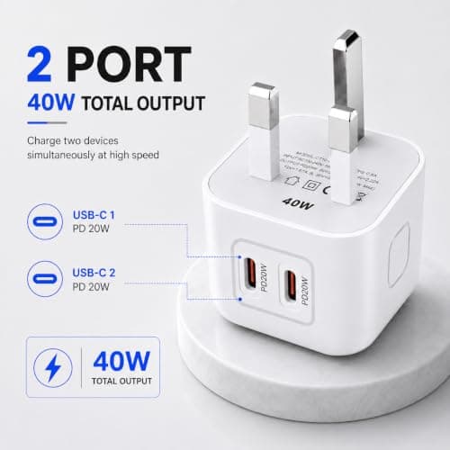 40W USB C Charger Plug, Dual USB C Fast Charger, 2 Port USB C Wall Charger, UK 3 Pin Power Adapter, USB C PD Charger for Phones, Tablets & Other USB C Devices — view 3