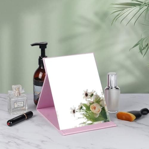OSDUE Folding Tabletop Mirror, 21.5 * 15.5cm Pink PU Leather Portable Travel and Desktop Vanity Mirror with Stand for Office Desk, Vanity Table, Camping — view 6
