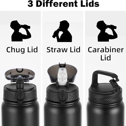 OLDLEY Stainless Steel Water Bottle with Straw 1L Vaccum Insulated Large Drink Flask Metal Water Bottles 1 Litre Leakproof Keep Drinks Hot Cold for Bike Sports Gym with Different Lids(Black, 3 Lids) — view 2