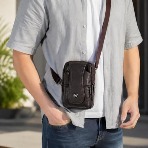 KUBDPQOR Leather Phone Waist Bag for Men, Crossbody Belt Pouch with Anti-Theft Zip, Small Travel Shoulder Bag for Mobile Phone, Camping, Hiking & Outdoor Use, Brown — view 2