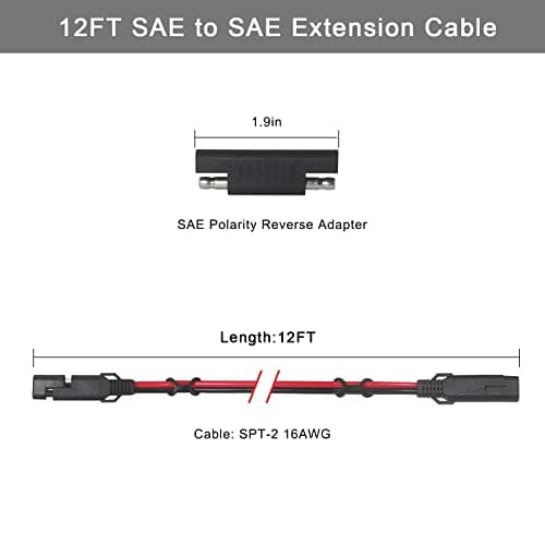 KUNCAN 12FT Sae 2 Pin Extension Cable 16AWG 12ft/3.6m Quick Disconnect Wire Harness SAE Connector with Polarity Reverse Adapter for Automotive, Solar Panel, Motorcycle, Cars, Tractor — view 2