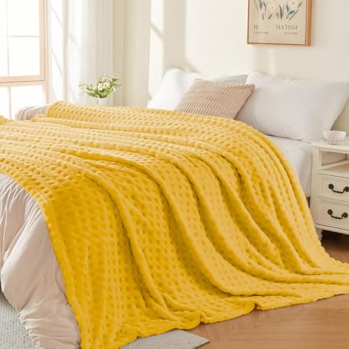 Wajade Fleece Throw Blanket, Fluffy Faux Fur Blanket for Bed Sofa Couch, Soft Warm Thick Blanket,Waffle Yellow-178X203 — view 6