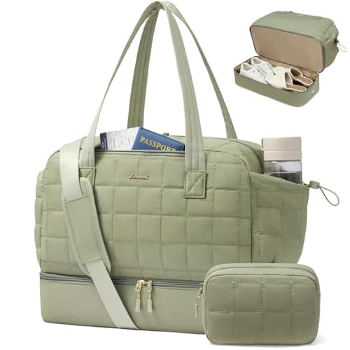 LOVEVOOK Travel Bags for Women, Lightweight Puffer Weekend Maternity Hospital Overnight Holdall Duffel Bags, Gym Bag with Shoe Compartment & Wet Pocket, Carry On Hand Luggage for Flight Sports, Green