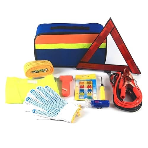MEETOZ Car Emergency Breakdown Safety Kit 10-in-1 Vehicle Europe Roadside Assistance Travel Kit with Jump Leads, Tow Rope, Warning Triangle, Hi-Vis Vest, Emergency Hammer etc