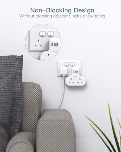 Addtam Double Plug Extension with 3 USB (2 USB-C), 2 Way Multi Plug Adaptor — view 4