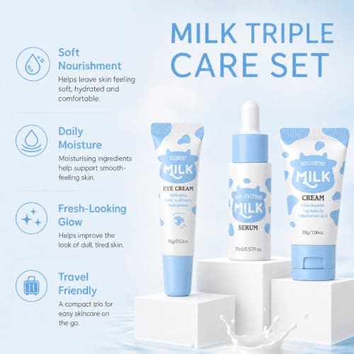 Milk Skincare Set, 3pcs Travel Essentials With Serum, Eye Cream And Moisturiser, Travel Friendly Gift For Her, Women’s Birthday Presents, Teen Girl Daily Routine Pouch, Hydrate and Nourish — view 3