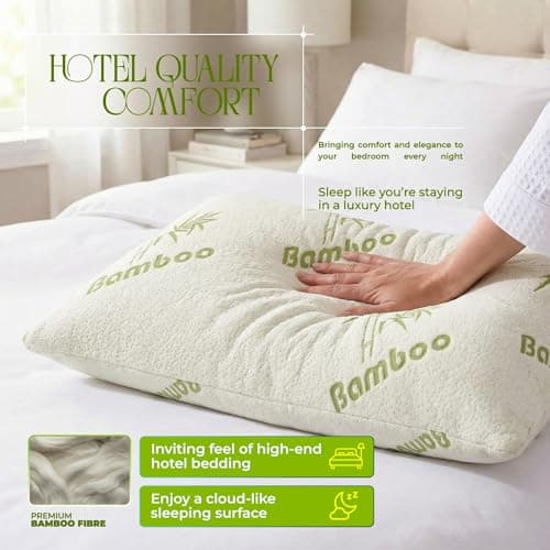 Bedding Essentials Soft Bamboo Memory Foam Pillow | Firm Support Pillow for Sleeping | Breathable Bamboo Cover | Premium Memory Foam for Back Support & Travel Use | 60 × 40 × 13 cm | Made in UK — view 3