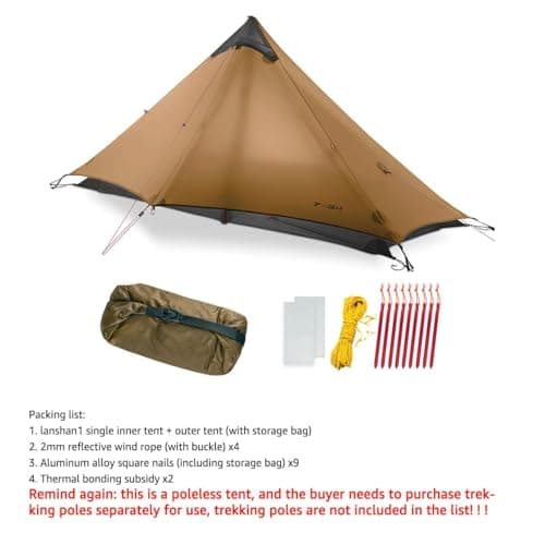 Telomat 3F Lanshan1 Ultralight Poleless Tent for 1-Person, 3/4 Season, Khaki, Waterproof, Portable, Backpacking, Camping, Hiking, Fishing, Mountaineering — view 6