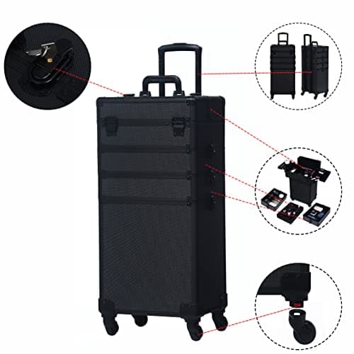 Bonnlo 4 in 1 Rolling Makeup Train Case, Aluminum Makeup Travel Organizer Cosmetic Case, Cosmetology Display Suitcase on Wheels, Beauty Storage Luggage Lockable w/4 Removable Wheels - Black — view 3
