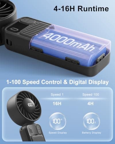 KinYiLO Portable Handheld Fan with 4000mAh Battery – 100-Speed Rechargeable Personal Cooling Fan, 16-Hour Runtime, 3-in-1 Desk & Handheld & Tilt Fan, Ultra-Quiet for Travel Beach Office Outdoor, Black — view 5