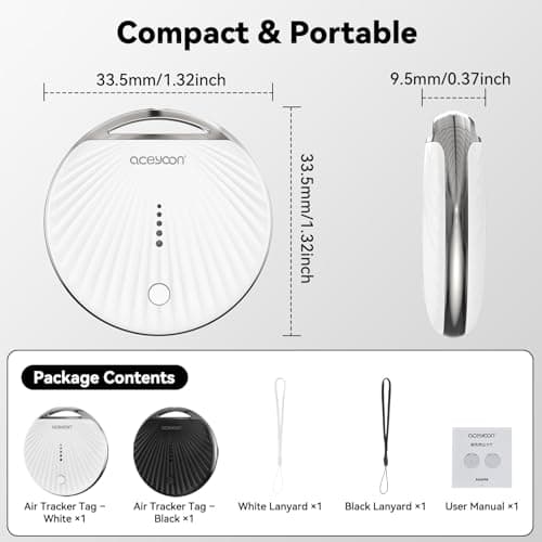 aceyoon Air Tracker Tag 2 Pack, Smart Tracker Tag Compatible with Apple Find My App (iOS Only) Replaceable Battery, Bluetooth Key Finder with Keychain for Luggage/Bags/Wallet (Black and White) — view 3