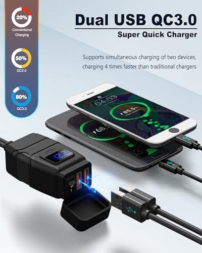 EXTRACTME Motorcycle USB Charger, 6.8A Quick Charge 3.0 Dual USB Motorcycle Phone Charger with Voltmeter & ON/Off Switch, Waterproof Quick Disconnect SAE to USB Adapter for Phone, Tablet, GPS - Blue — view 2