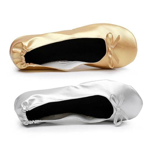Women's Foldable Ballet Flats with Carrier Pouch Lightweight Comfy Portable Leather Roll Up Pumps with Bow After Party Non-Slip Soft Sole Flat Shoes for Ballerina Wedding & Travel Walking Gold — view 3