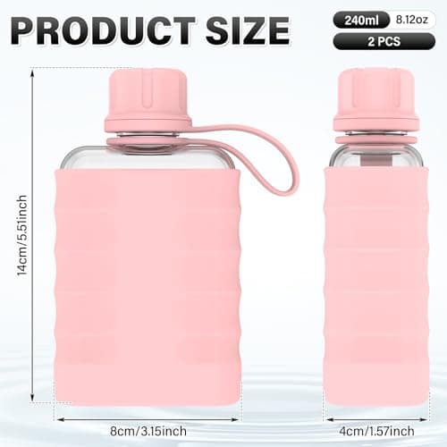 2Pack Slim Flat Water Bottle, 240ml Mini Portable Travel Liquor Flask with Silicone Sleeve, BPA Free Clear Small Flask, Leakproof Pocket Drinking Bottle for Alcohol, Juice, Gym & Office (Pink) — view 2