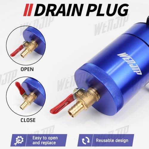 WENJTP Oil Catch Can Kit with 4 Adapters + Breather Filter Drain Valve Plug 2 Ports (1 oulet + 1 inlet) 150ml Universal Aluminum Baffled Oil Reservoir Tank Oil Separator (Blue) — view 5