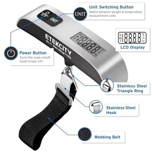 Etekcity Luggage Scale, Digital Portable Handheld Suitcase Weight for Travel with Rubber Paint, Temperature Sensor, 110 Pounds, Battery Included — view 3