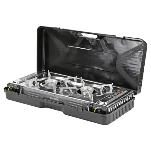 Taylor & Brown Portable Dual Burner Camping Stove Stainless Steel with 8 Butane Gas & Carry Case | EN417 Compliant Premium Gas Double Stove | with Automatic Ignition & Heat Control — view 2