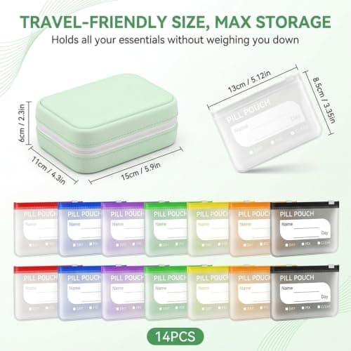 ADASTONE Waterproof Pill Organiser Silicone Medicine Bag with 14 EVA Pill Pouches Transparent Colorful Zipper Design Portable Medication Storage Case for Travel Fish Oils and Everyday Health Care — view 2